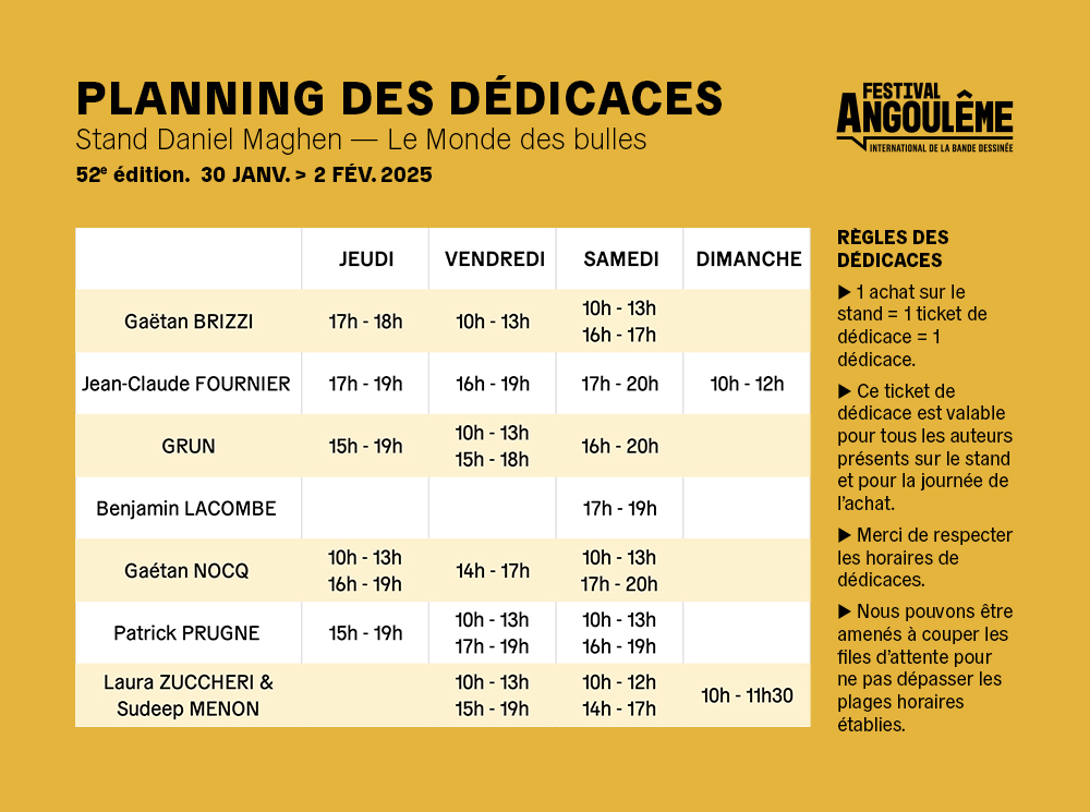 PLANNING DES DÉDICACES – FESTIVAL D’ANGOULÊME 2025